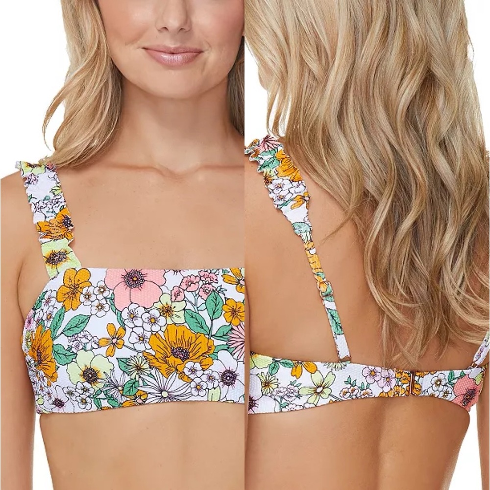 RAISINS Juniors' Printed Textured Smocked-Strap Bikini Top nwt large